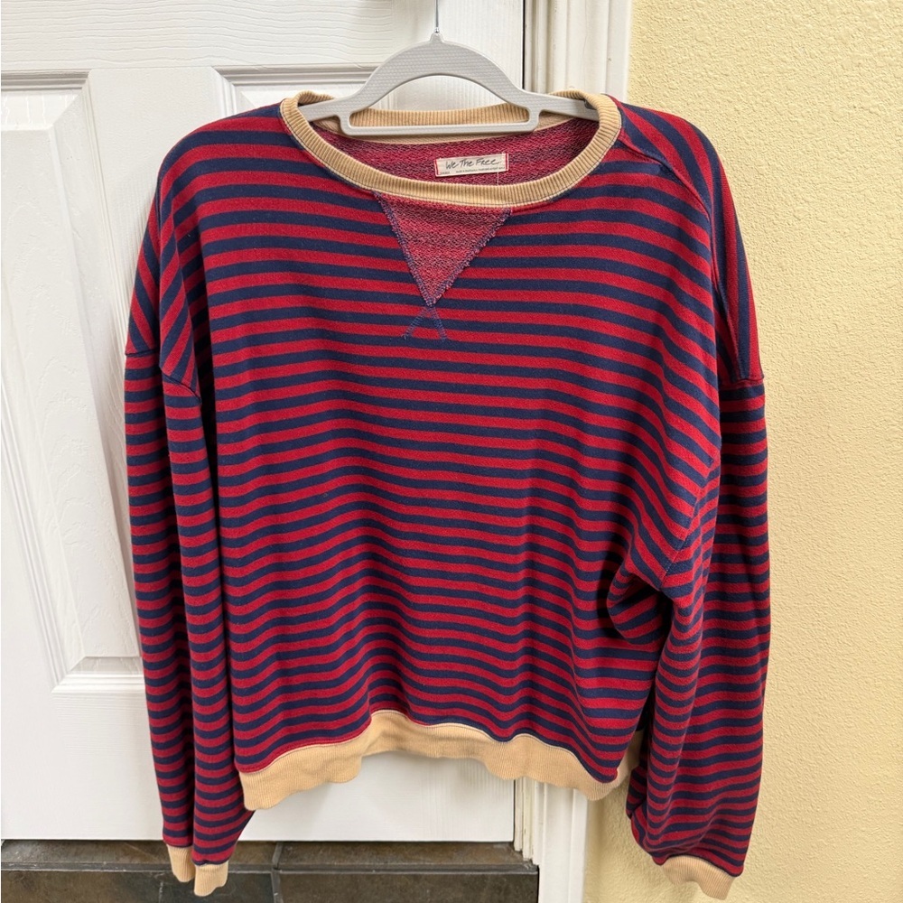 We The Free Marled Red & Navy Knit Top with Tan Trim